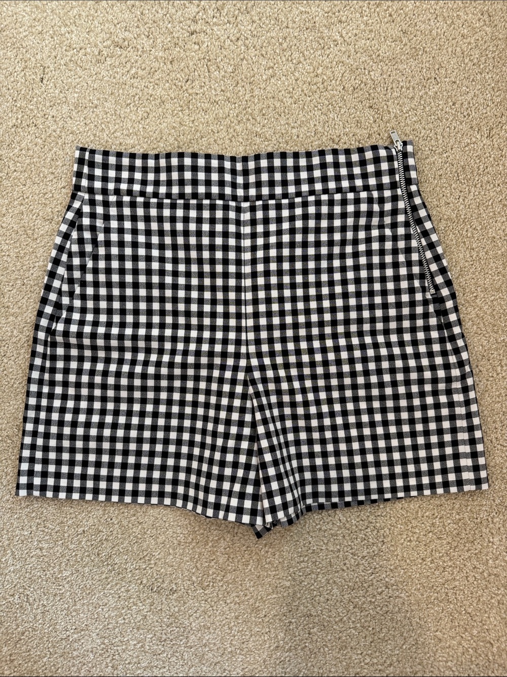 Zara Black and White Gingham High-Waist Shorts
